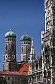 Munich Town Hall and the towers of the Frauenkirche, Munich, Bavaria, Germany