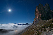 Full moon's night with stars, on the Lavaredo's Three Peaks, summer, Dolomites
