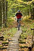 Mid adult man mountain biking through the Green Mountians, on the longtrail in Stowe Vermont, USA