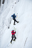 Corey Rich photographs Zach Fletcher while ice climbing in Lee Vining, CA.