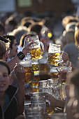 A crowded table of beer drinkers lift their steins to toast at Oktoberfest, Munich, Bavaria, Germany.