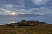 The reconstructed Norse Church at  Qassiarsuk, Greenland. The original was made in 1000 A.D. by Eric the Red's wife Tjodhilde. It was the first Christian church in North America.