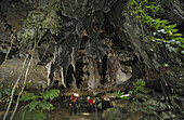 Cave explorers at the entrance to Racer Cave, deep in the rainforest of Mulu National Park, Sarawak, Borneo.