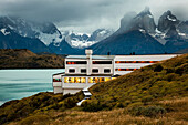 TORRES DEL PAINE NATIONAL PARK, PATAGONIA, CHILE. A hotel with an impressive view of mountains, lakes and glaciers in a wild and remote national park. The hotel is Explora.