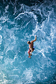 Toni Lamprecht falls while rock climbing / deep water soloing in Mallorca, Spain.