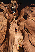 three hikers in Shinumo canyon in the Grand Canyon, Arizona.  Whit Richardson / Aurora Photos 