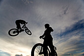 A BMX biker flying through the air in Las Vegas, Nevada.