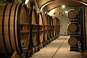 Red wine ages in large oak casks and small oak barrels in Piedmont, Italy.