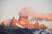 Clouds drifting over Mt. Fitzroy at sunrise on February 26, 2008 in Los Glaciares National Park, Chalten, Argentina.