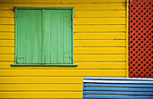 Colorful buildings and benches located on February 22, 2008 in La Boca, Buenos Aires, Argentina.