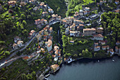 Aerial view of a picturesque village on Lake Como, Italy.