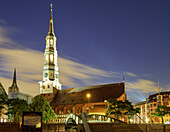 Illuminated church of St. Katharinen, Warehouse district, Speicherstadt, Hamburg, Germany