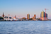 River Elbe with view to church of St. Nicolai, church of St. Katharinen, museum ship Cap San Diego, Hanseatic Trade Center and Elbphilharmonie, Hamburg, Germany