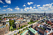View to Hamburg with Binnenalster, city hall and church Nicolaikirche from Michel, church St. Michaelis, Hamburg, Germany