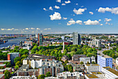 View to Hamburg with river Elbe, container terminal, St. Pauli-Landungsbruecken and building Tanzende Tuerme from Michel, church St. Michaelis, Hamburg, Germany