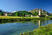 View over Inn river to church of Sils-Baselgia, Sils, Upper Engadin, Engadin, Canton of Graubuenden, Switzerland