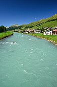 View over Inn river to S-chanf, La Plaiv, Upper Engadin, Canton of Graubuenden, Switzerland