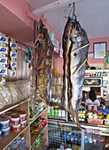 Smoked Dorado fish hanging in a grocery store, Basco, Batanes, Batan Island, Batanes, Philippines, Asia