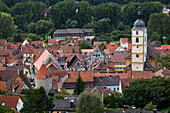 View of the town with church tower, Sommerhausen, near Ochsenfurt, Franconia, Bavaria, Germany