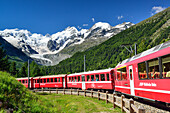 Rhaetian Railway in front of Bernina range with Piz Palue, Piz Bernina and Piz Morteratsch, valley of Morteratsch, Morteratsch, Bernina, Upper Engadin, Engadin, Grisons, Switzerland