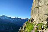 Woman hiking towards Monte Disgrazia, Sentiero Roma, Bergell range, Lombardy, Italy