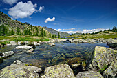 Lake Lago Bianco at hut Rifugio Barbustel, Natural Park Mont Avic, Graian Alps range, valley of Aosta, Aosta, Italy
