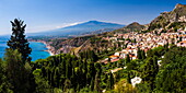 Taormina and Mount Etna Volcano seen from Teatro Greco (Greek Theatre), Taormina, Sicily, Italy, Mediterranean, Europe
