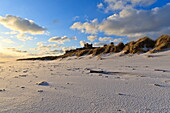 Fresh Spring snow at dawn highlight ripples and marks in the sand beneath Bamburgh Castle,  Bamburgh, Northumberland, England