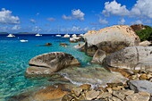 Yachts, swimmers and granite rocks, The Baths, Virgin Gorda, British Virgin Islands (BVI), West Indies, Caribbean, Central America