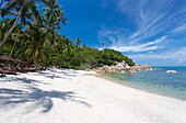 Private secluded beach fringed by palm trees at the Silavadee Pool Spa Resort near Lamai, Koh Samui, Thailand, Southeast Asia, Asia