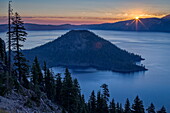 Sunrise over Crater Lake and Wizard Island, Crater Lake National Park, Oregon, United States of America, North America