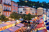 Open air restaurants in Cours Saleya, Nice, Alpes-Maritimes, Provence, Cote d'Azur, French Riviera, France, Europe