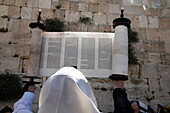 A ceremonial reading of the Torah from Torah scroll under the Western Wall, Jerusalem, Israel, Middle East