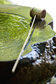 Bamboo ladle on water fountain, close-up