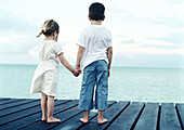 Boy and girl standing on dock holding hands, rear view