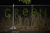 GREEN spelt on a chain link fence