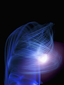 Blue and purple light trails creating fine line abstract spirals on black background
