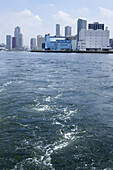 View of Tsukiji Fish market, Odaiba, from river boat