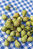 A heap of freshly picked pears on a checked tablecloth