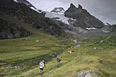 Hikers walking in the Swiss mountains