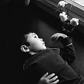 A young boy lying next to a vase of roses, staring out window