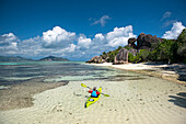 Sea kayak tour with catamaran as basecamp on the Seychelles, Indian Ocean