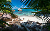 Sandy beach on the Seychelles, Sea kayak tour with catamaran as basecamp on the Seychelles, Indian Ocean
