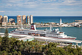 Palm trees and cruise ship MS Deutschland (Reederei Peter Deilmann) at Malaga Cruise Terminal, Malaga, Andalusia, Spain