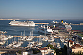 Cruise ships MS Deutschland (Reederei Peter Deilmann), MSC Musica (MSC Cruises) and Costa Favolosa (Costa Crociere) at Palma Cruise Terminal, Palma, Mallorca, Balearic Islands, Spain