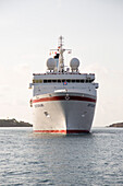 Cruise ship MS Deutschland (Reederei Peter Deilmann) sailing into Mahon harbour, Mahon, Menorca, Balearic Islands, Spain