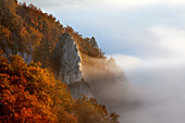 Felsnadel mit Kreuz, Nebel im Tal der Donau, Naturpark Oberes Donautal, Schwäbische Alb, Baden-Württemberg, Deutschland