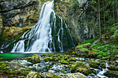 Waterfall cascading in green pond, Gollinger Wasserfall, Golling, Berchtesgaden range, Salzburg, Austria