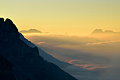 Terza Grande and Monte Bertoni with clouds, Alpine hut, Auronzo Huette, Drei Zinnen, Tre Cime di Lavaredo, UNESCO World Heritage Site Dolomites, Dolomites, Veneto, Italy