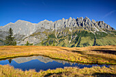 Hochkoenig, Bratschenkopf and Mandlwand ridge and reflections in a mountain lake, Berchtesgaden range, Salzburg, Austria